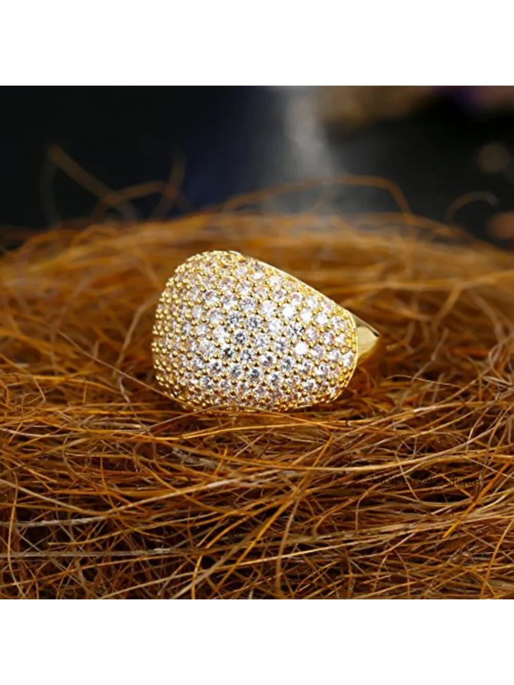Diamond Accent Statement Ring, Cubic Zirconia Halo Ring, Brass Yellow Gold